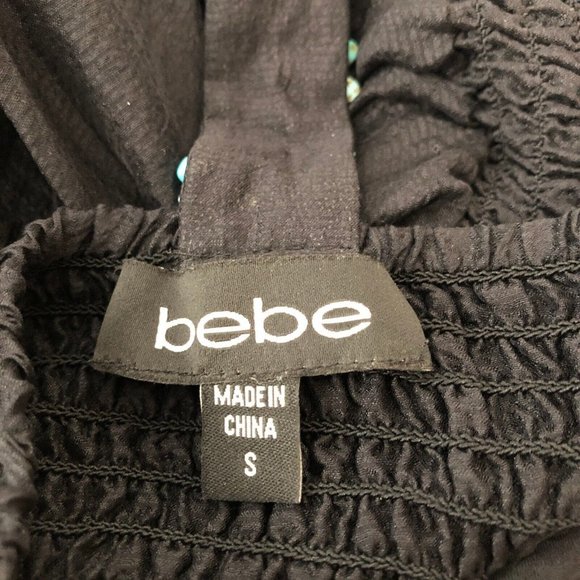 Bebe Black Silk Hand Sewn Turquoise  Nugget Elastic Hem Top Sz S Pre-Own… - Picture 7 of 7